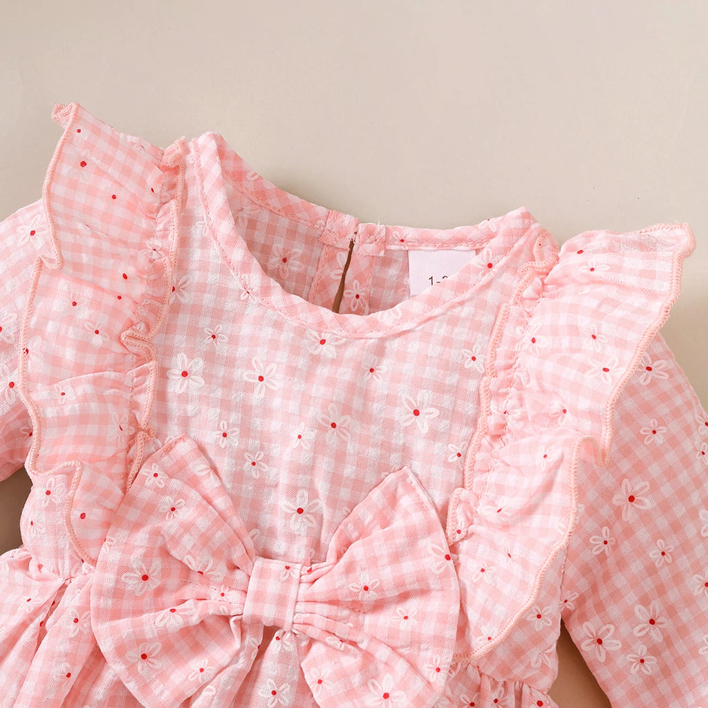 Baby girl Sweet Dress Round Neck Small Floral plaid Long sleeved Dress suitable for 0-18 Months Cute Baby girl Autumn Dress