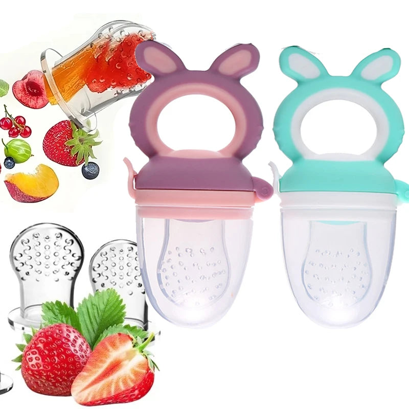 3pcs Silicone Mesh Bags Baby Fruit Feeder with Easy-Handle Ring Feeding Spoon