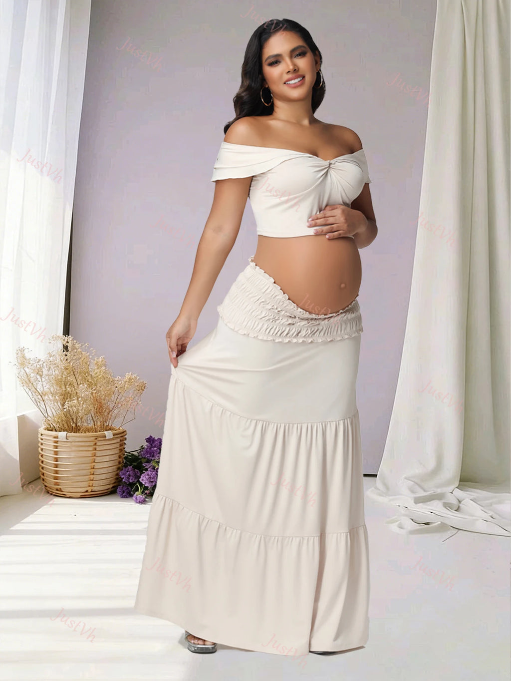 2 Piece Set Maternity Off Shoulder Twist Crop Top Ruffle Maxi Skirt Stretchy for Baby Shower Photoshoot Summer Beach Vacation