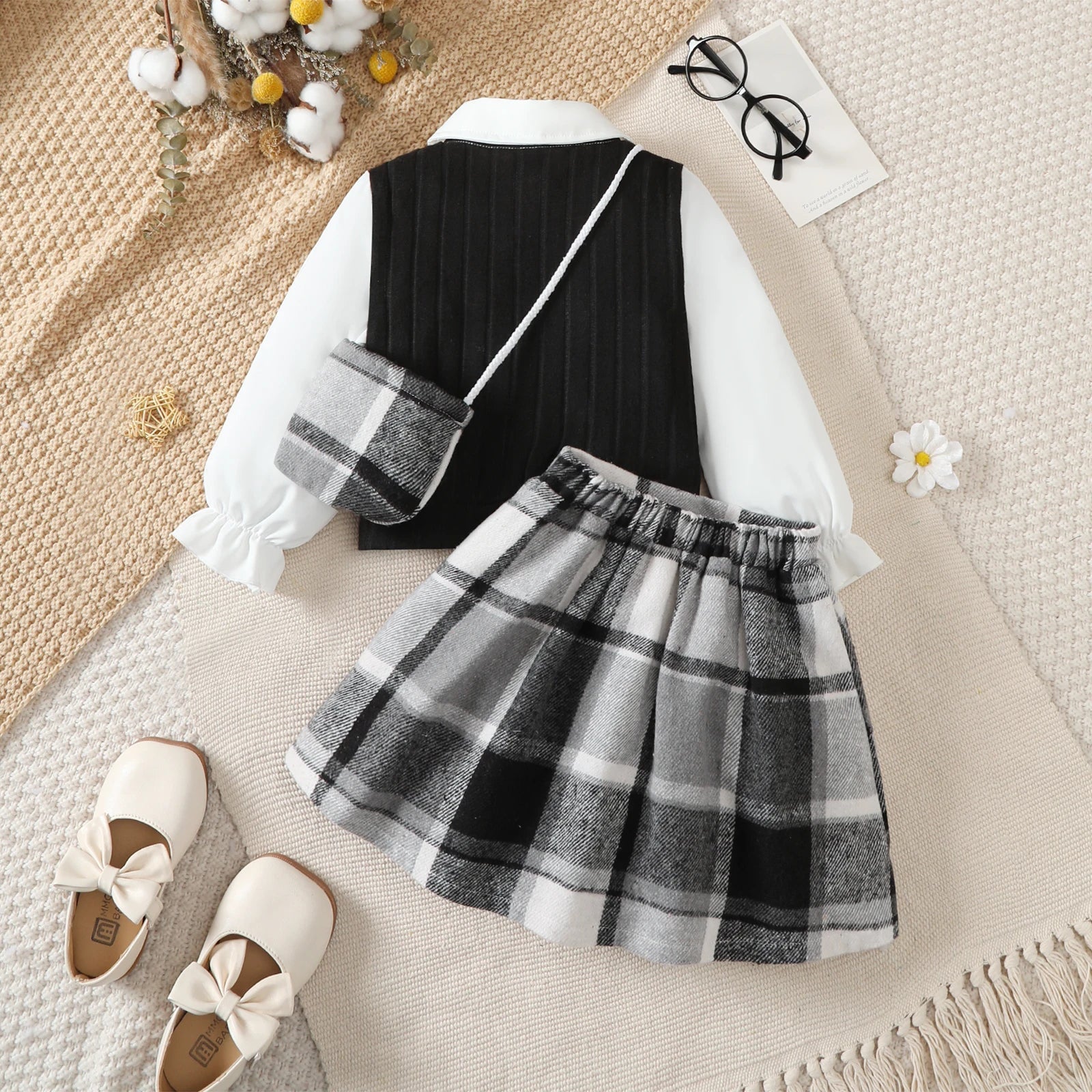 Girls' Set Lapel Splicing Long Sleeve+Checkered Skirt+Mini Bag 3Pcs/Set for 4-7 Year Old Girls' Spring and Autumn Fashion Set