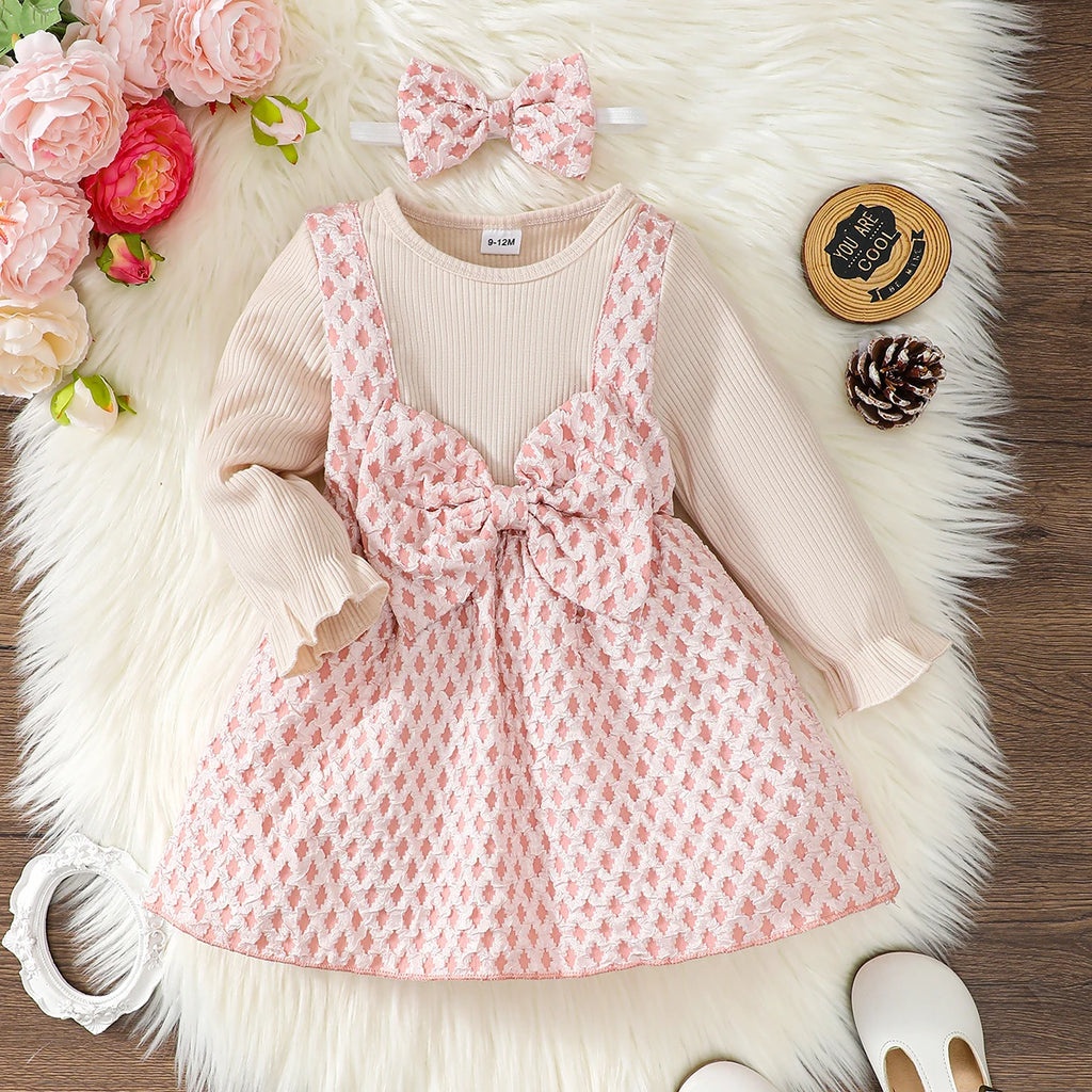 2Pcs Toddler Baby Girl Dress Bow Spring Autumn Princess Dress+Headband 0-3 Year old Cute Little girl Festival Party Dress