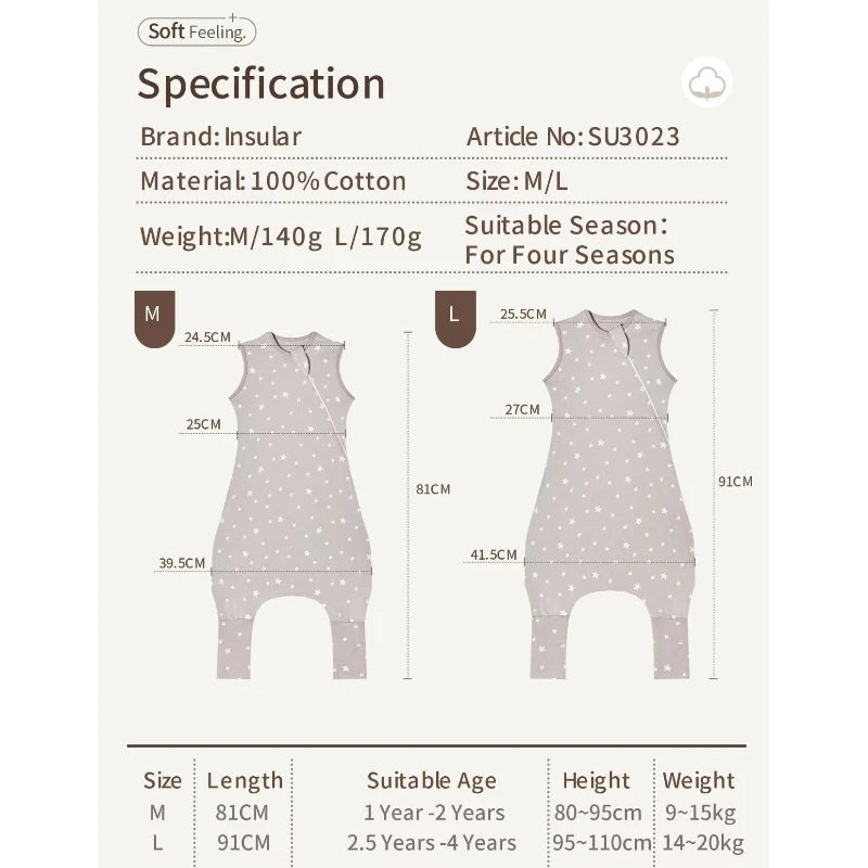 100% Cotton Baby Split Leg Sleep Sack Sleeveless Homewear Four Seasons Wear Two Way Zipper Comfortable Sleeping Bag for Infants