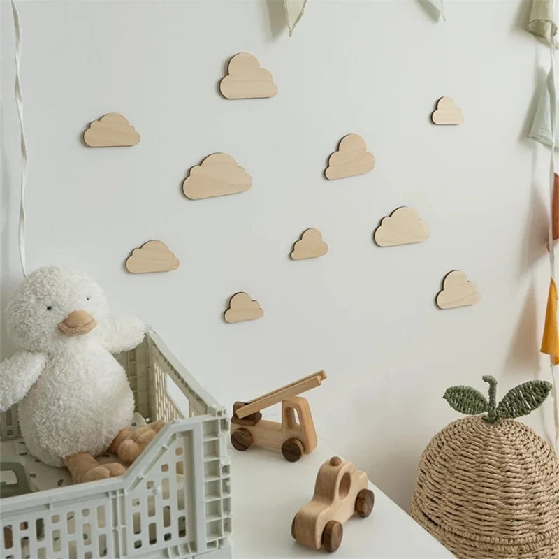 10Pcs/Set Nordic Style Cute Little Cloud Wooden Wall Stickers Decoration - Natural Wood Style Decoration for Home Living Room, Bedroom, Cafe, Homestay Wall Wooden Wall Stickers Decoration - Christmas, New Year, Wedding Decora