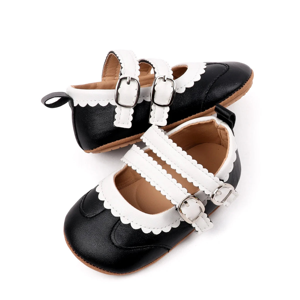 0-18 Months Infant Pre-walker Shoes, Scalloped Lace Trim Dual Buckle Strap Soft Non-slip Rubber Sole Indoor Baby Mary Jane Shoes