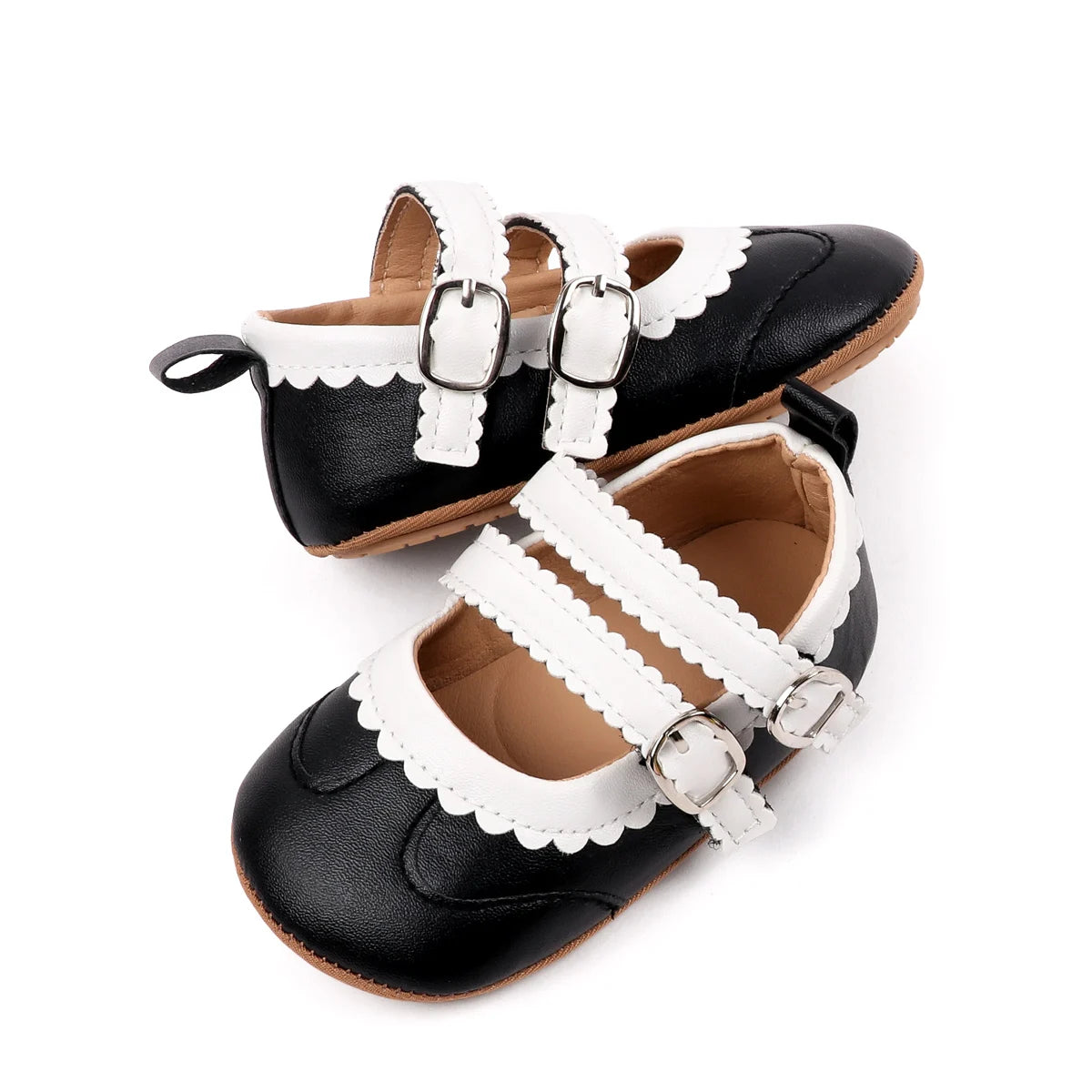 0-18 Months Infant Pre-walker Shoes, Scalloped Lace Trim Dual Buckle Strap Soft Non-slip Rubber Sole Indoor Baby Mary Jane Shoes