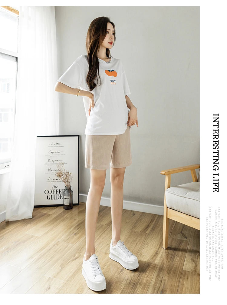 Summer Korean Style Pregnant Woman Ice Silk Shorts Knee-length Adjustable Waist Solid Color Maternity Wide Legs Straight Shorts