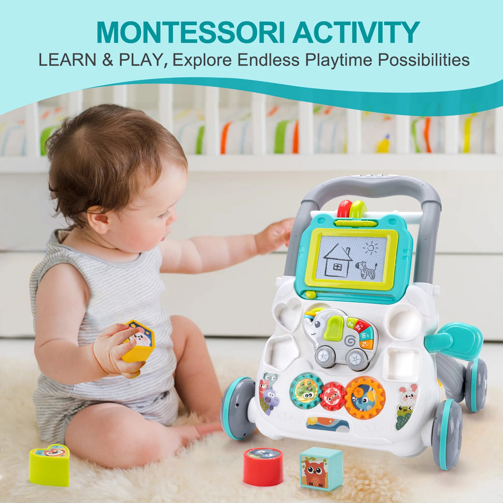 Cartoon Baby Push Walker Toy with Music Drawing Board Multifunction Activity Toddler Walker Learning Walk for 6M+ Infant