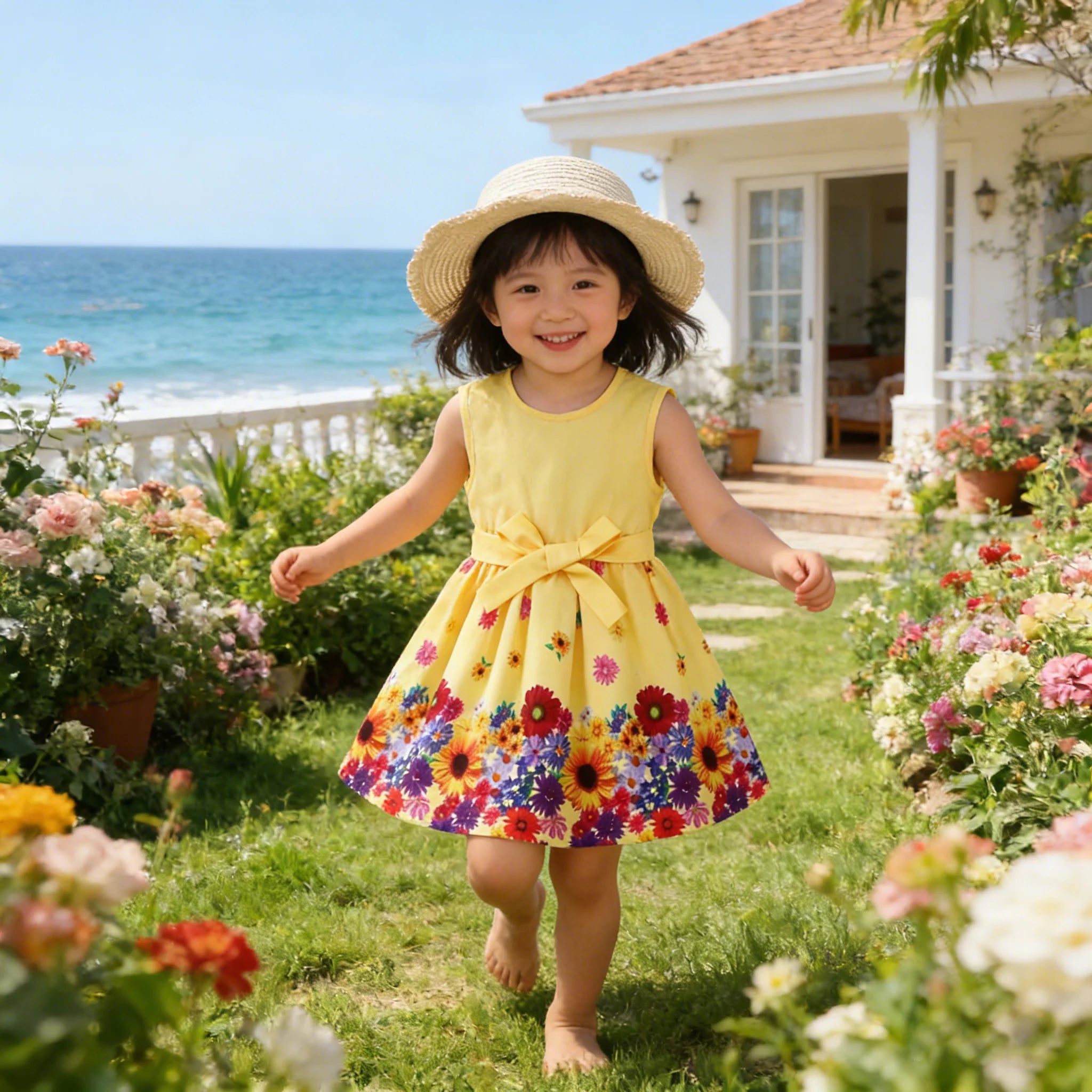 Kid Girls' Summer Dress Round Neck Beautiful Flower Printed Sleeveless Dress+Belt Set 4-7 Year Old Girls' Casual Dress