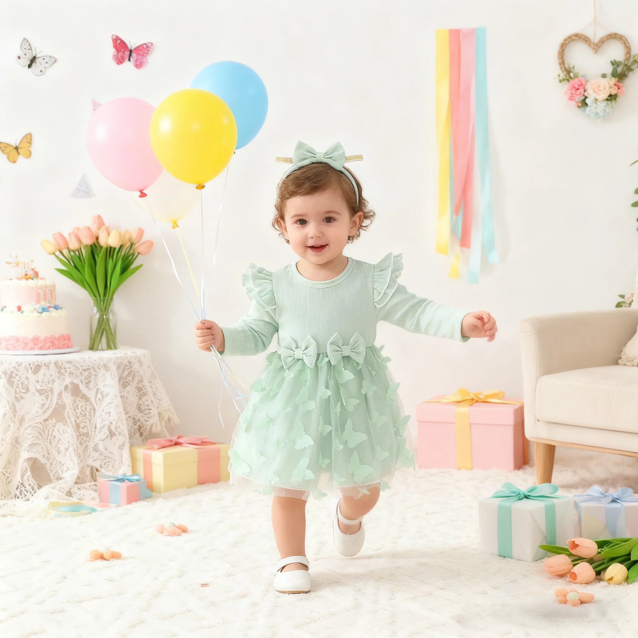 Baby girl 2Pcs/Set Autumn Dress Flying sleeves and Bow tie Princess Dress for 0-3 Year old Baby girls' Birthday Party Costumes