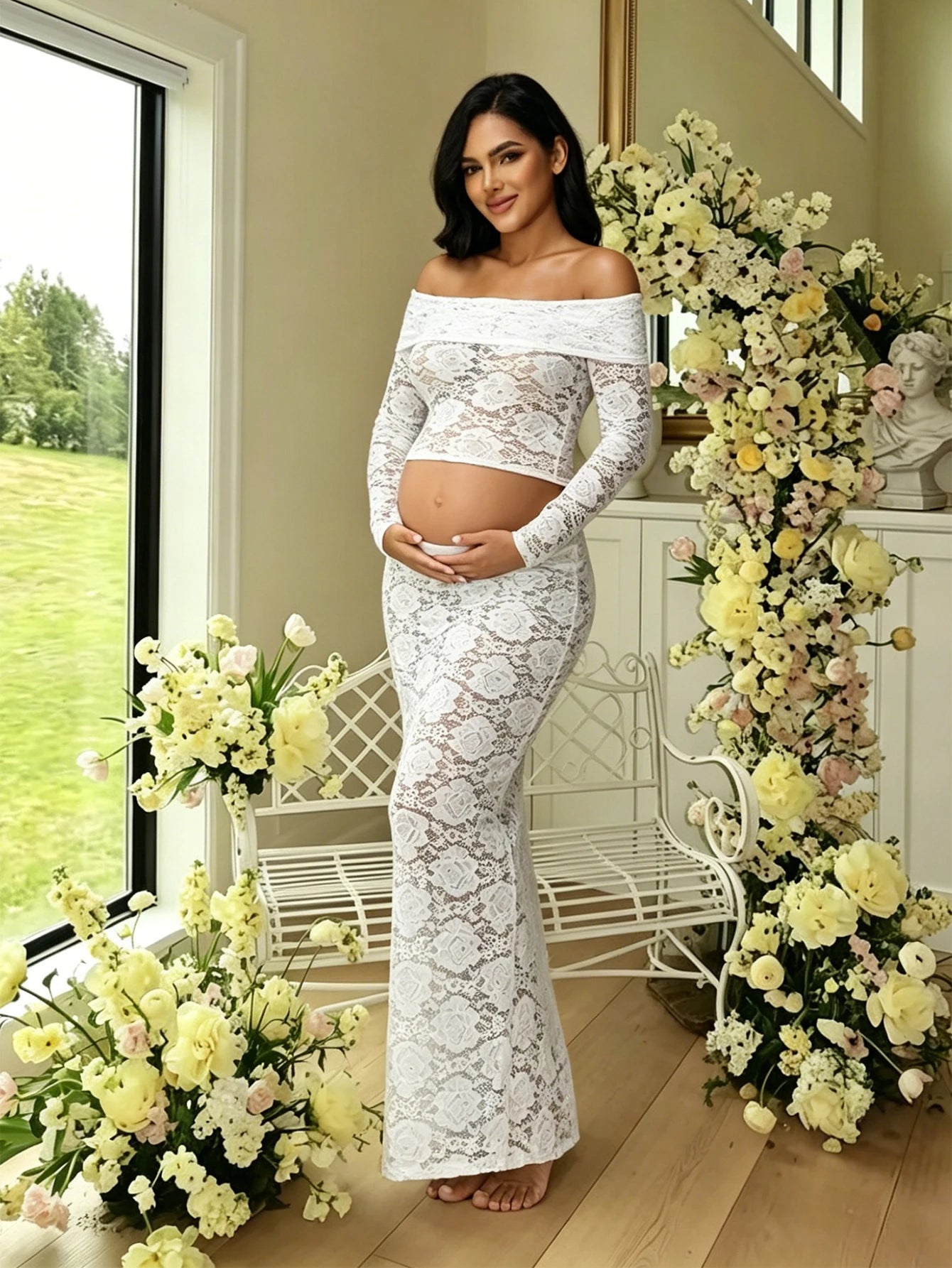 Maternity 2 Piece Outfits Dress Off Shoulder Long Sleeve See-Through Lace Top and Back Split Skirt for Baby Shower Photoshoot