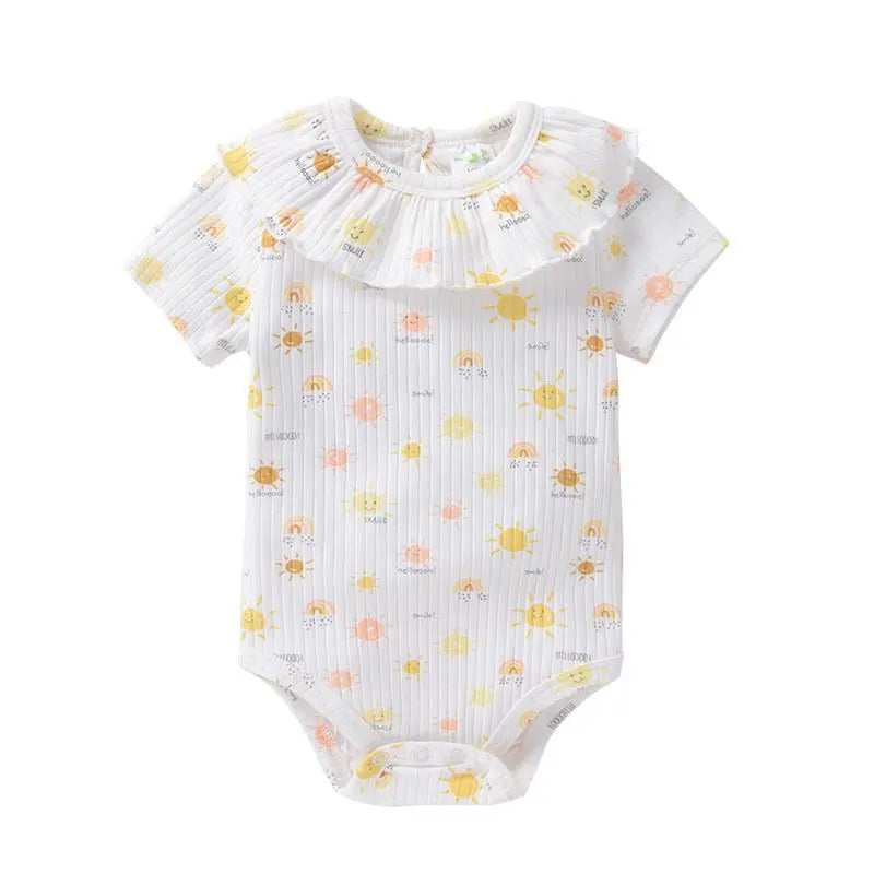 1 Piece Summer Short-sleeved Baby Bodysuit with Frills, Baby Girl with a Lace Collar and Ribbed Seam, a Cute Onesies