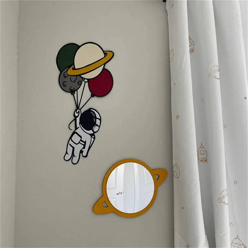 Ins Scandinavian Style Satellite Planet Wooden Anti-Shattering Wall Mirror Home Decoration Living Room Bedroom Background Boys and Girls Room Decoration Mirror, Cute Christmas, New Year Gift - Baby World SA