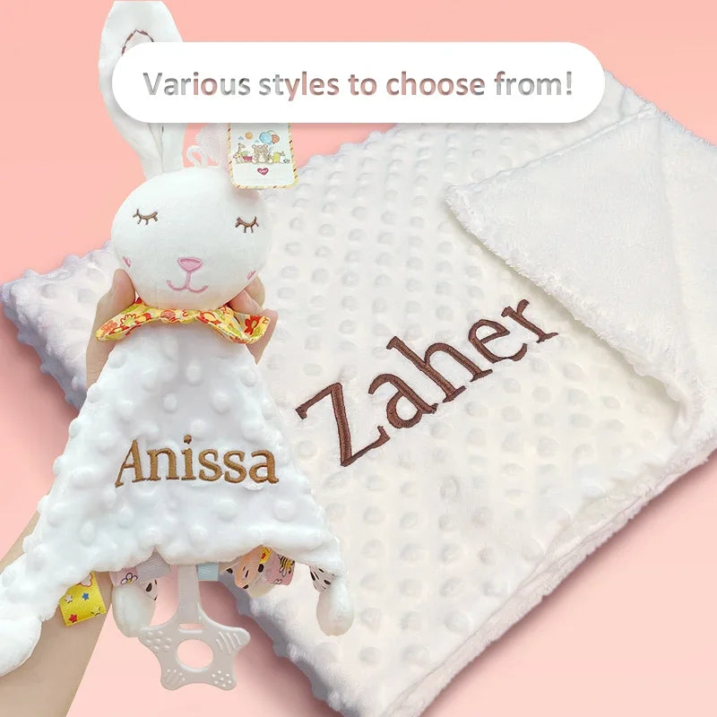 Personalized Newborn Baby Blanket with Name Custom Dot Minky Stroller Swaddle Set Security Towel Baby Shower Gift for Infant Boy