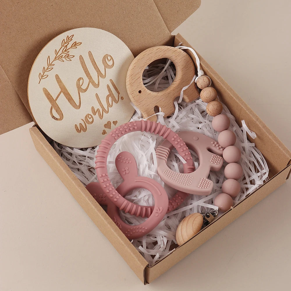 Baby Elephant & Bunny Teether Gift Set – 4 Piece Silicone Pacifier & Wooden Milestone Set