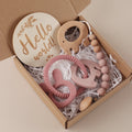 Baby Elephant & Bunny Teether Gift Set – 4 Piece Silicone Pacifier & Wooden Milestone Set