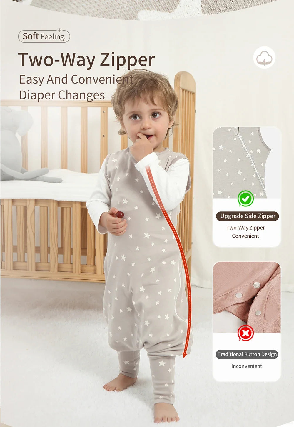 100% Cotton Baby Split Leg Sleep Sack Sleeveless Homewear Four Seasons Wear Two Way Zipper Comfortable Sleeping Bag for Infants