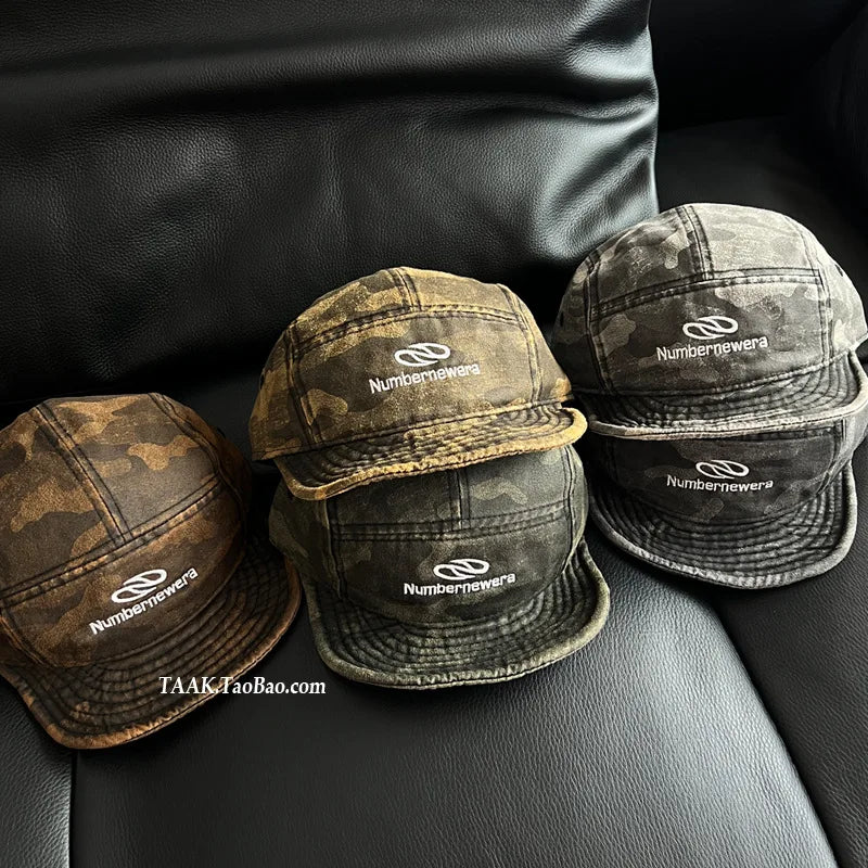 American Retro Washed Camouflage Tactical Short Brim  for Women Summer Workwear Short Brim Street Flip Brim Baseball Cap