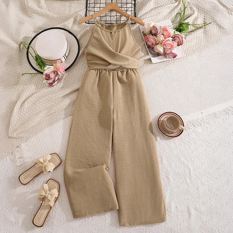 Girls 8-12 Casual Khaki Jumpsuit, Halter Neck Twist Front Sleeveless & Elastic Waist Wide Leg Pants, Daily Kids Outfit