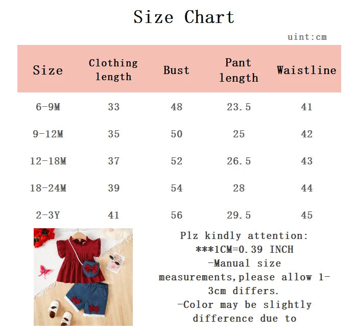 3Pcs Baby girl Set with Flying sleeves and Ruffled Tops, Blue Shorts, and mini bags. 0-3 Year old Baby girl Summer Fashion Set