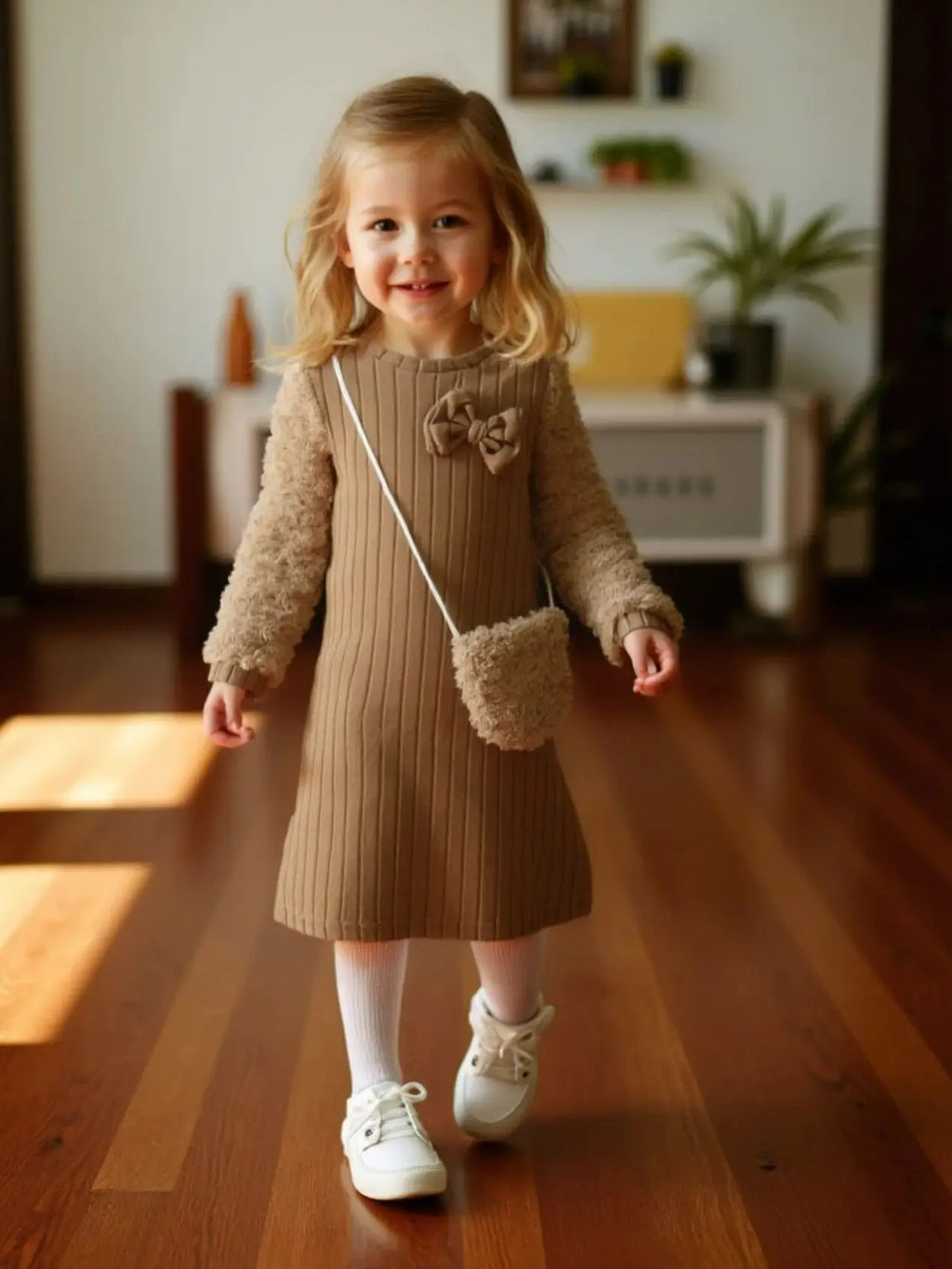 Kid Girls' Dress Brown Long sleeved Splice Fashion Dress+Mini Bag Two-piece Set 4-7 Year old girls' Autumn and Winter Dress