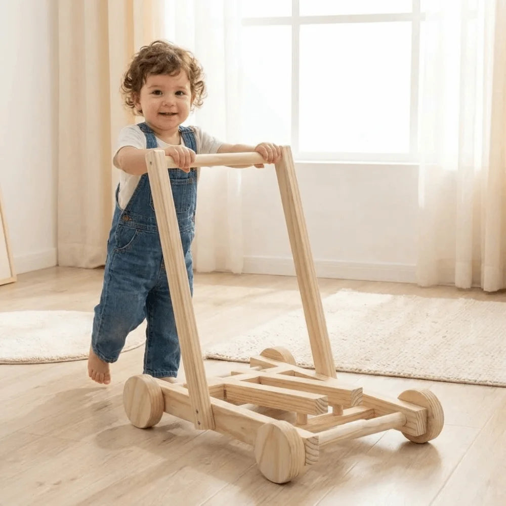 Adjustable Speed Height No-Knot Wood Baby Walker Wheeled Push-Pull Durable Baby Walking Trainer Safe Sturdy Non-Toxic