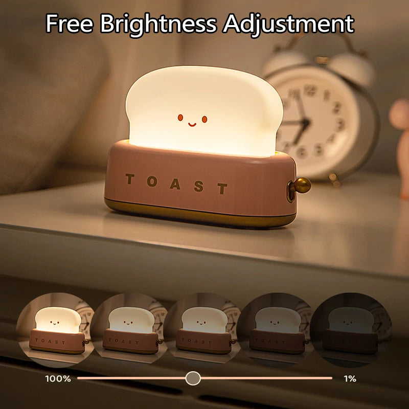 Rechargeable Cute Toaster Night Light - Toast Shape Bedside Lamp with Smile Face,Dimmable Desk Decor,Bedroom,Living Room,Gift