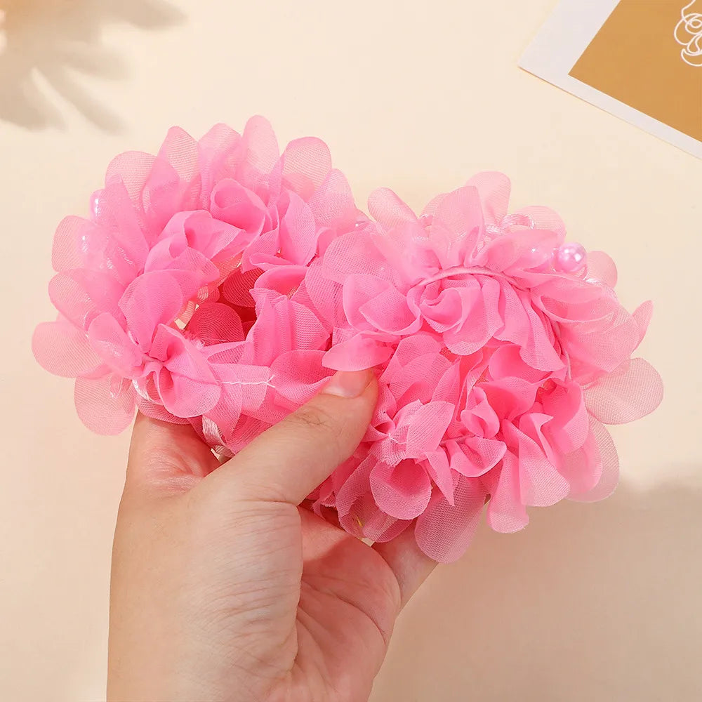 2Pcs Kids Hair Bands Set for Girls Elastic Rubber Bands Chiffon Flowers Beads Ponytail Holder Children's Hair Accessories Gift