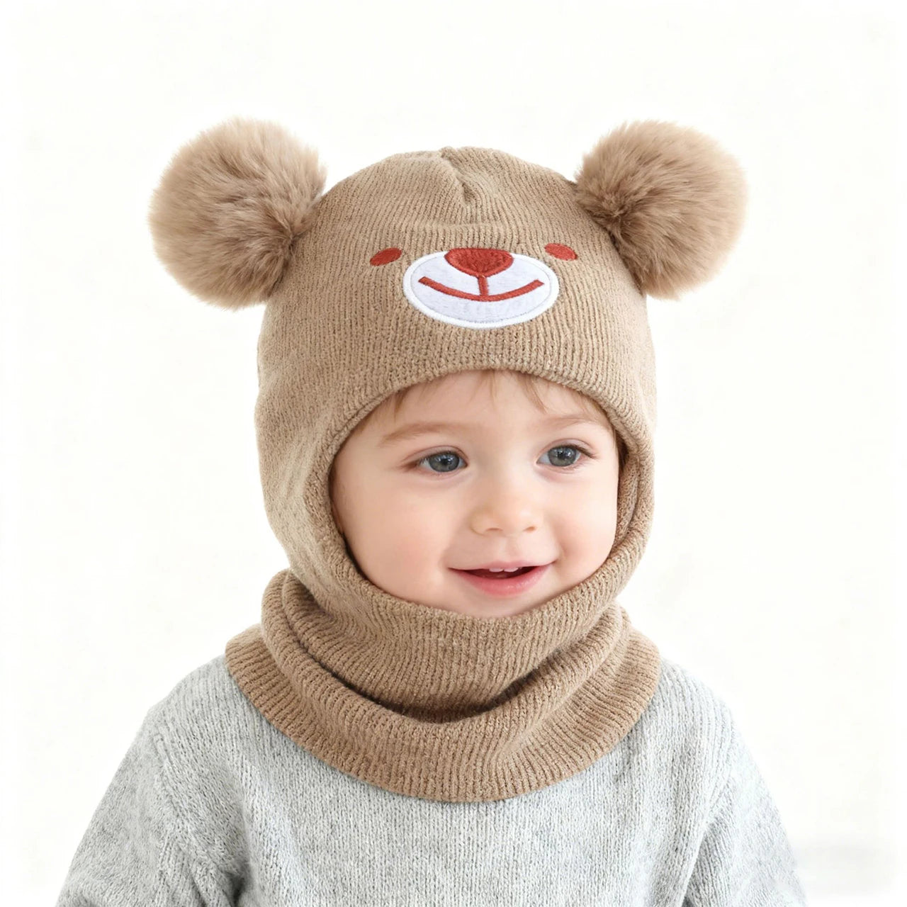 Children Pom-Pom Balaclava Cute Bear Scarf One-Piece Hat Winter Warm Kids Hooded Beanies 1-2Year Baby Knitted Ear Protection Cap