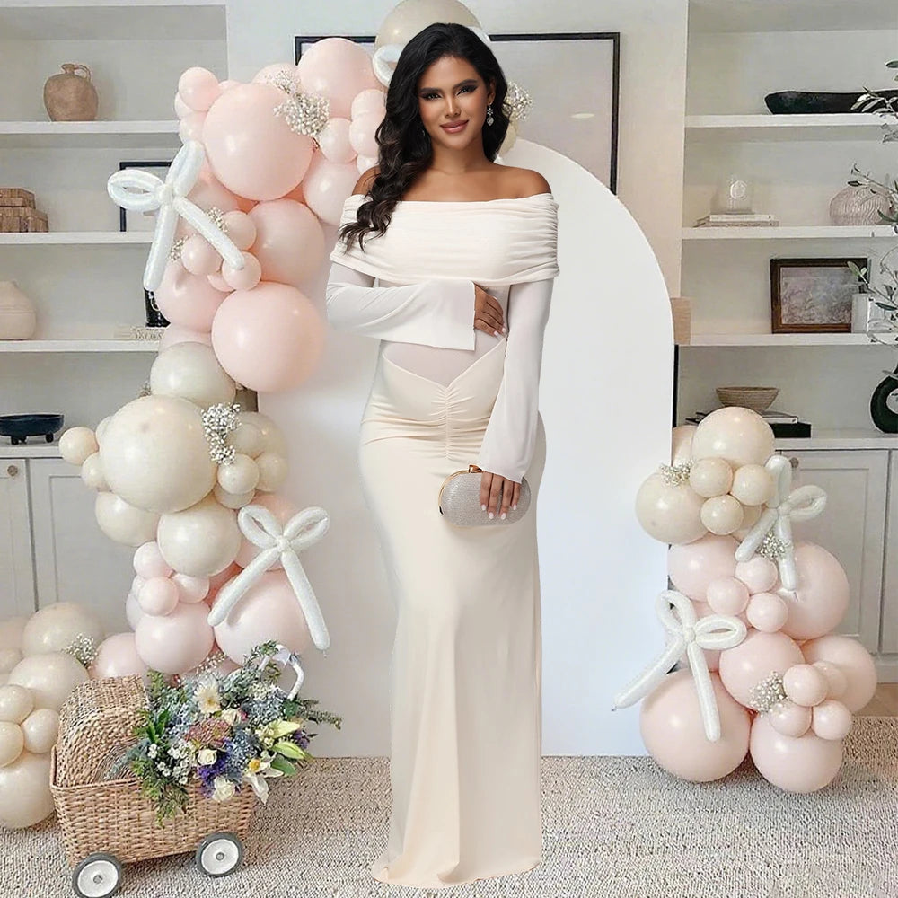 Maternity off Shoulder Long Sleeves Maxi Dress Mesh Paneled Rouched Baby Shower Outfit for Photoshoot