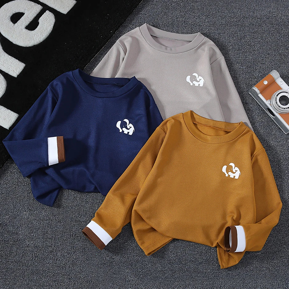 1/3 Piece Autumn And Winter Children's Solid Color Small Logo Fashionable Long Sleeved T-shirt Boys And Girls Round Neck Shirt