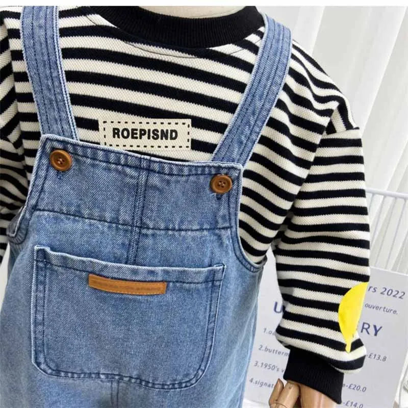 Kids Backpack Pants Summer Children's Solid Color Denim Jumpsuit Spring Autumn New Boys Girls Simple Fashion Trousers 2-8 Years