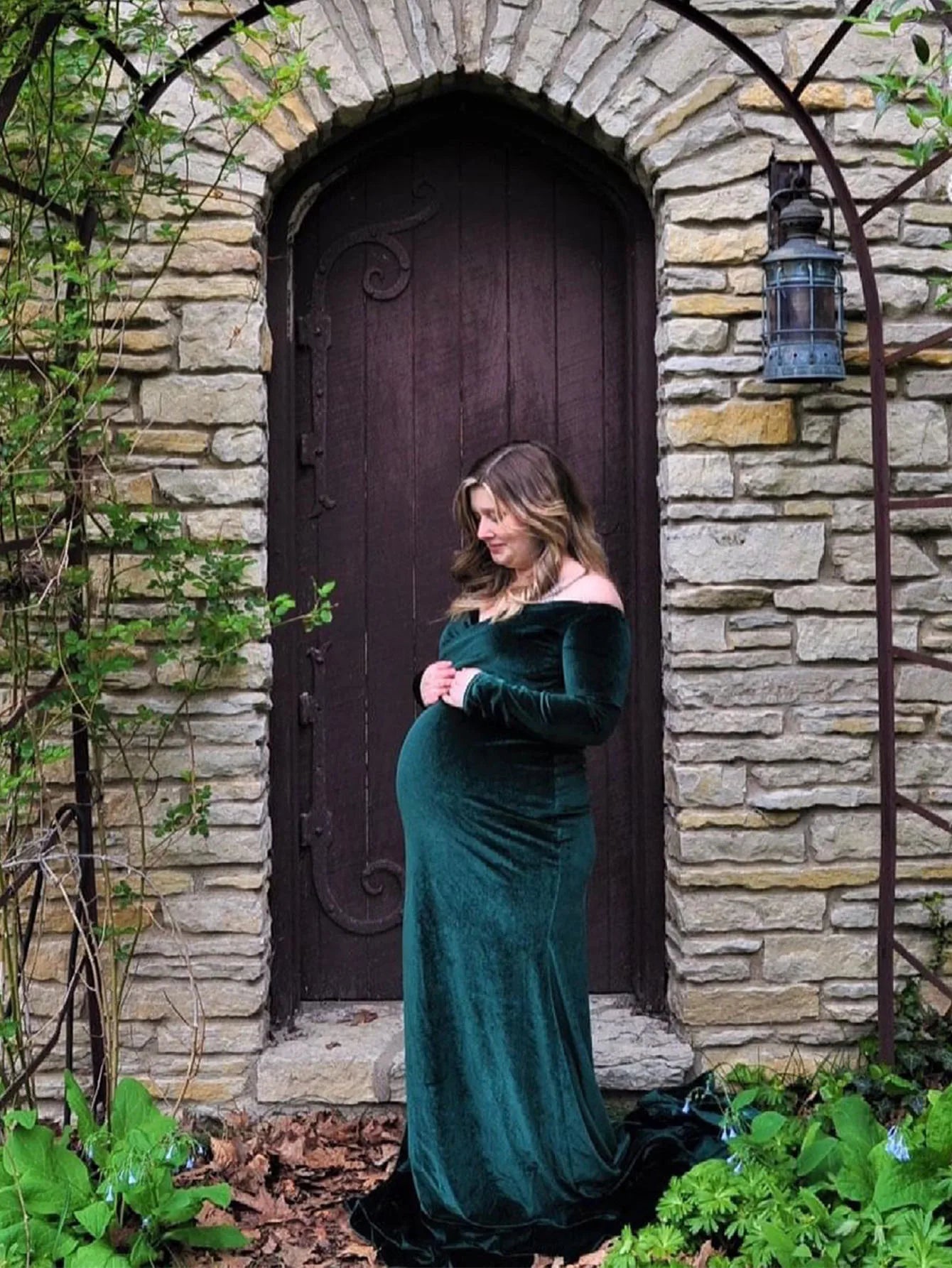 Velvet Maternity Off Shoulder Trailing Fitted Gown Maxi Photography Dress for Baby Shower Photo Props Dress