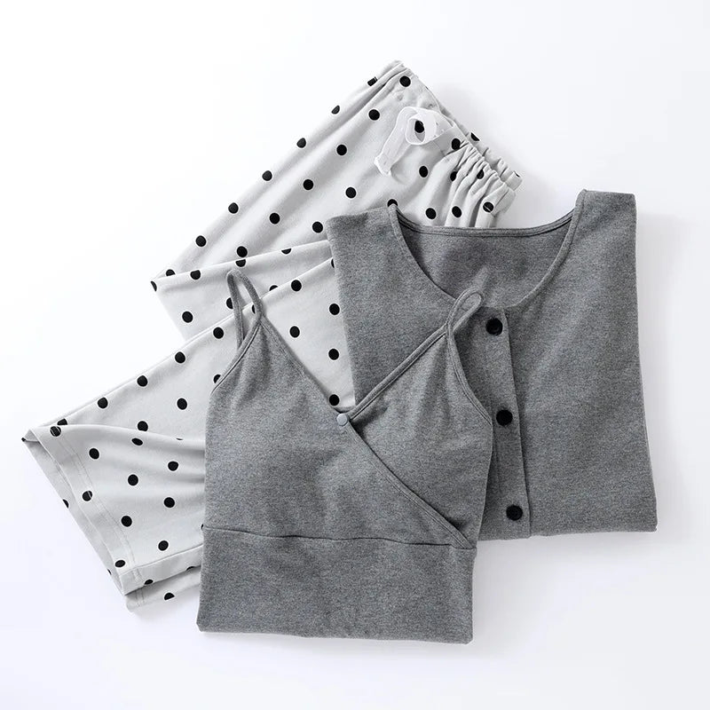Cotton Maternity Woman 2025 Spring Summer 3 Pieces Lactation Pajamas Pregnancy Sleepwear Pregnant Clothes Feeding Nightie