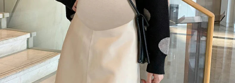 Pretty Maternity Autumn Skirts Vintage High Waist Pregnant Woman Slim Belly Skirts Elegant Pregnancy A-line Pu Leather Skirt