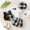 4pcs Baby Boys' Little Gentleman Set Lapel Top+Black White Checkered Vest+Shorts+ Hat Set for 0-3 Year Baby Boys' Party Costumes