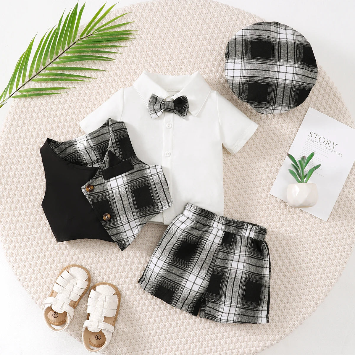4pcs Baby Boys' Little Gentleman Set Lapel Top+Black White Checkered Vest+Shorts+ Hat Set for 0-3 Year Baby Boys' Party Costumes