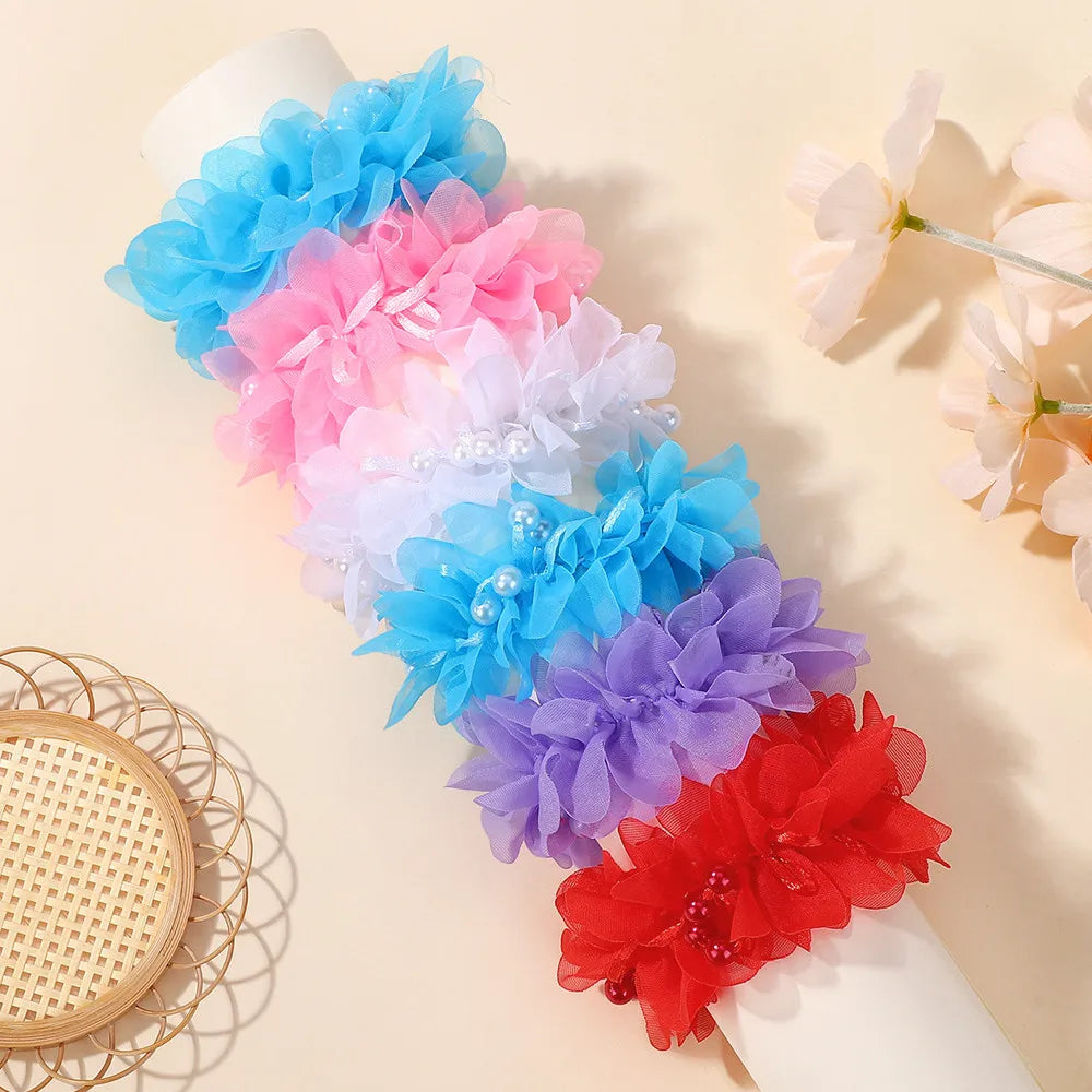 2Pcs Kids Hair Bands Set for Girls Elastic Rubber Bands Chiffon Flowers Beads Ponytail Holder Children's Hair Accessories Gift