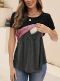 Maternity Nursing Top Color Block round Neck Short Sleeve T-Shirt Comfortable Breastfeeding Shirt for Pregnant Women