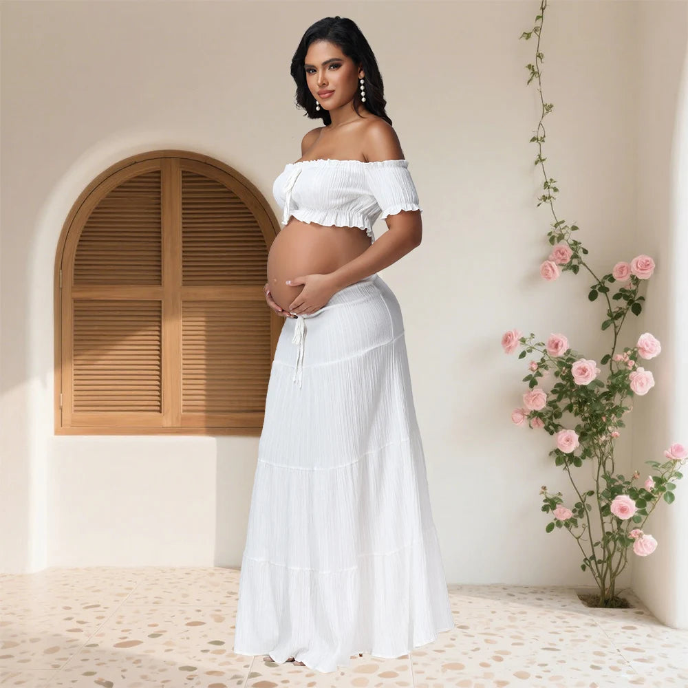 Maternity Photography Dress Sets 2Pc Sexy Ruffles Short Sleeves Tube Top T-shirt and Skirt Outfit for Photoshoot Baby Shower