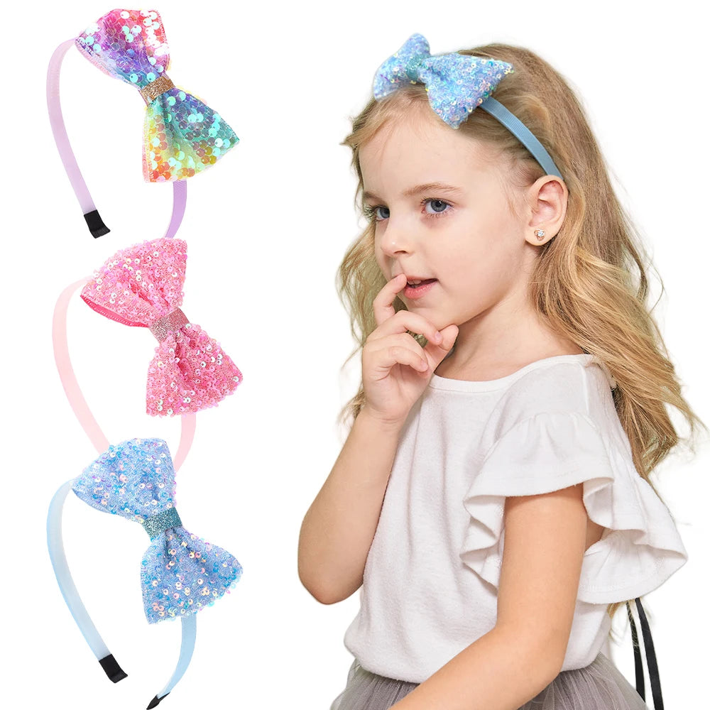 3Pcs Cute Sequin Hair Bows Headbands 3.6'' Glitter Bows Hairbands for Women Girls Children Hairhoops Hair Accessories Gifts