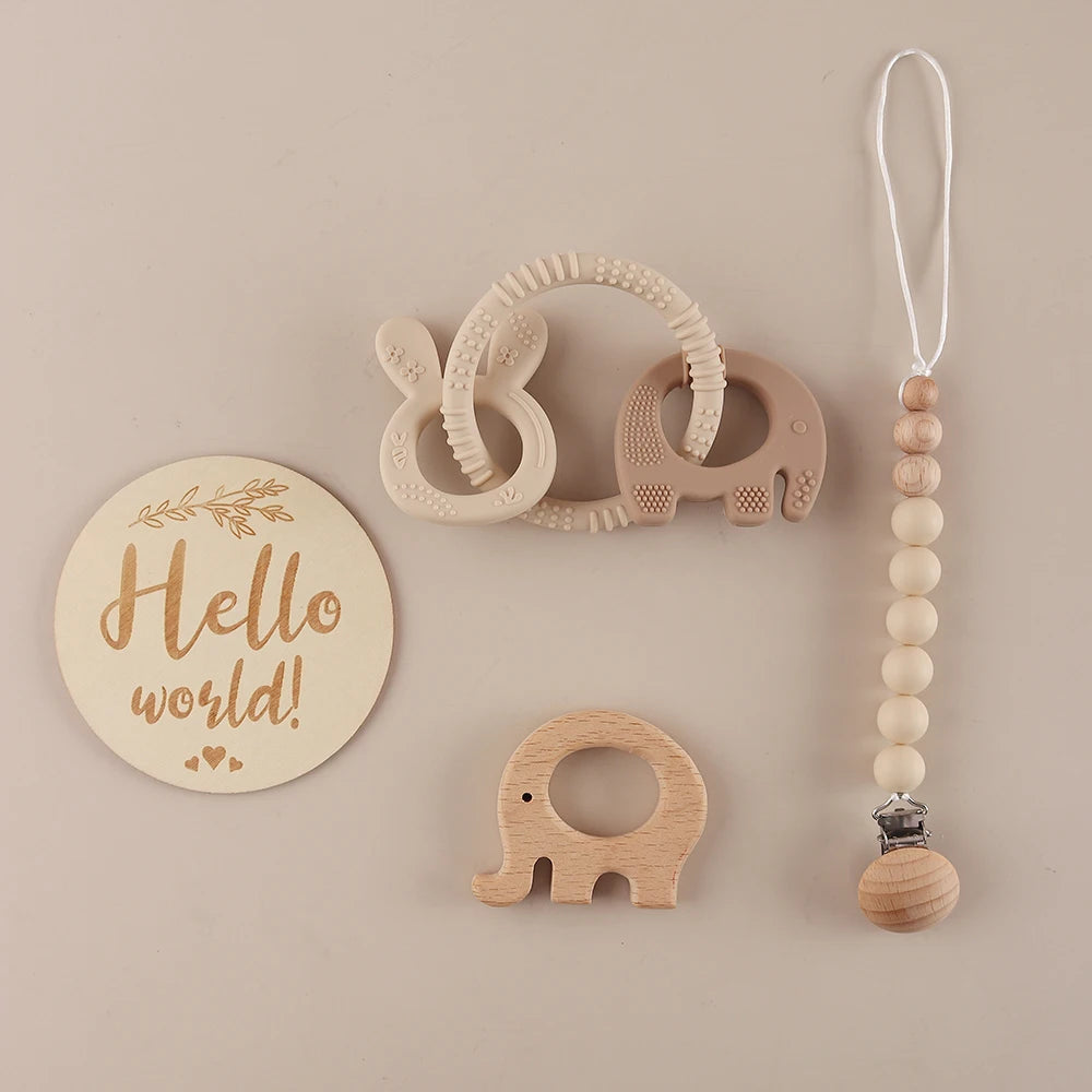 Baby Elephant & Bunny Teether Gift Set – 4 Piece Silicone Pacifier & Wooden Milestone Set