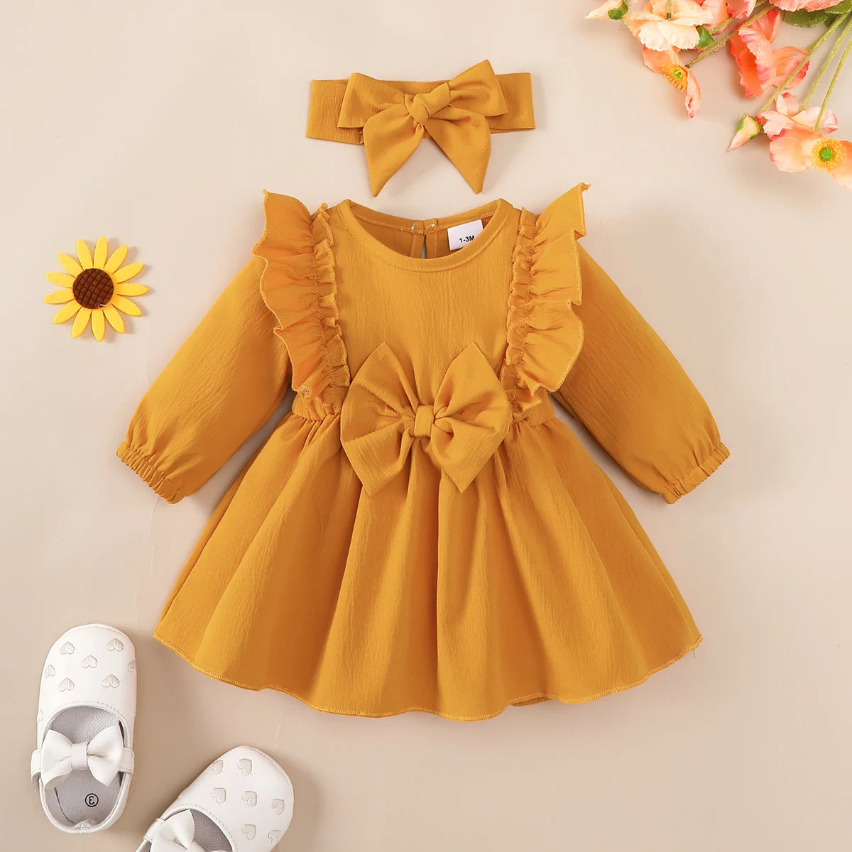 Autumn Baby Girl Dress With Long Sleeves And Headband For Zero To Eighteen Months