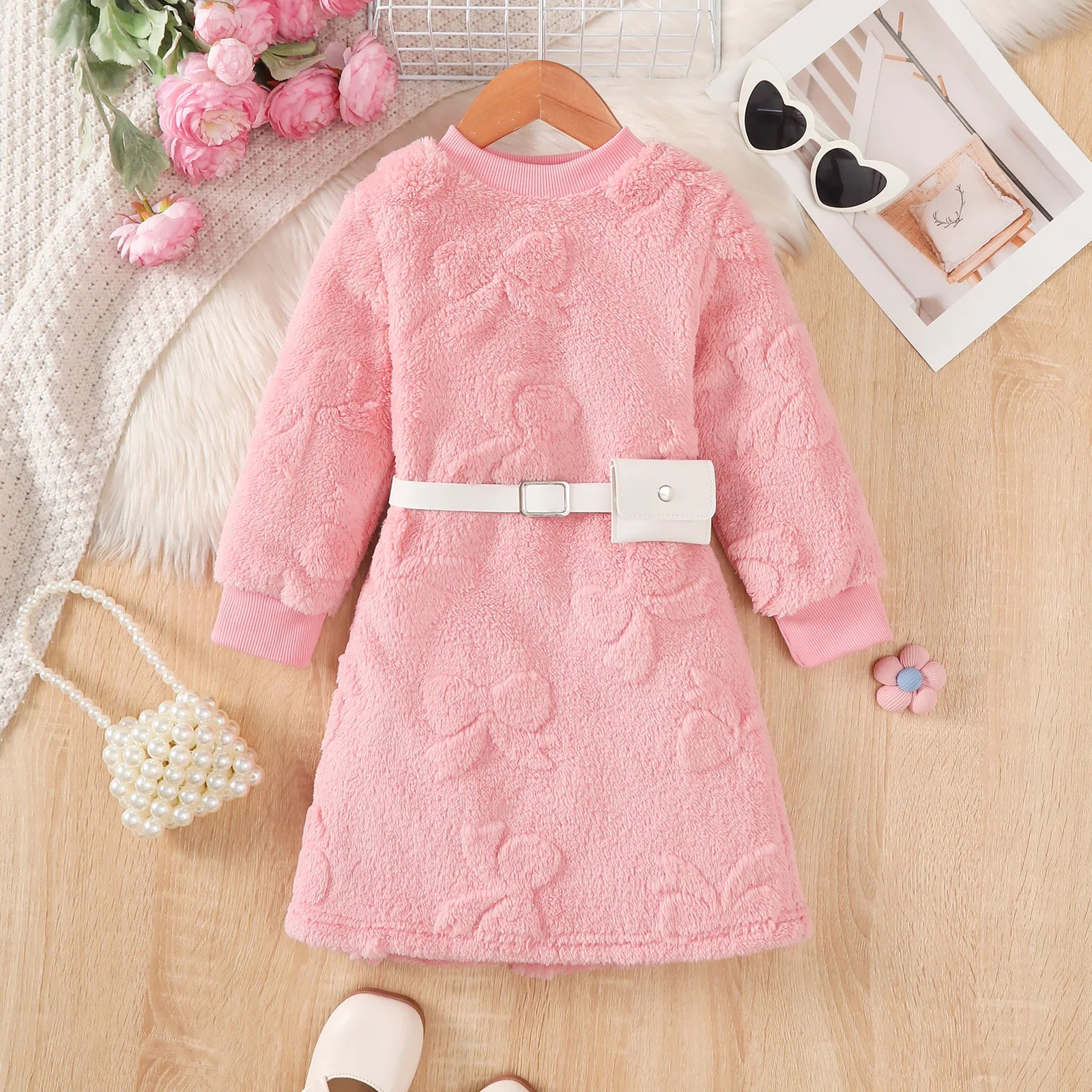 Kid girls Plush Long sleeved Dress Round neck, Pink Bow, Fashionable Dress+Mini bag 2Pcs Winter Dress  Girls  4-7 Years Dress