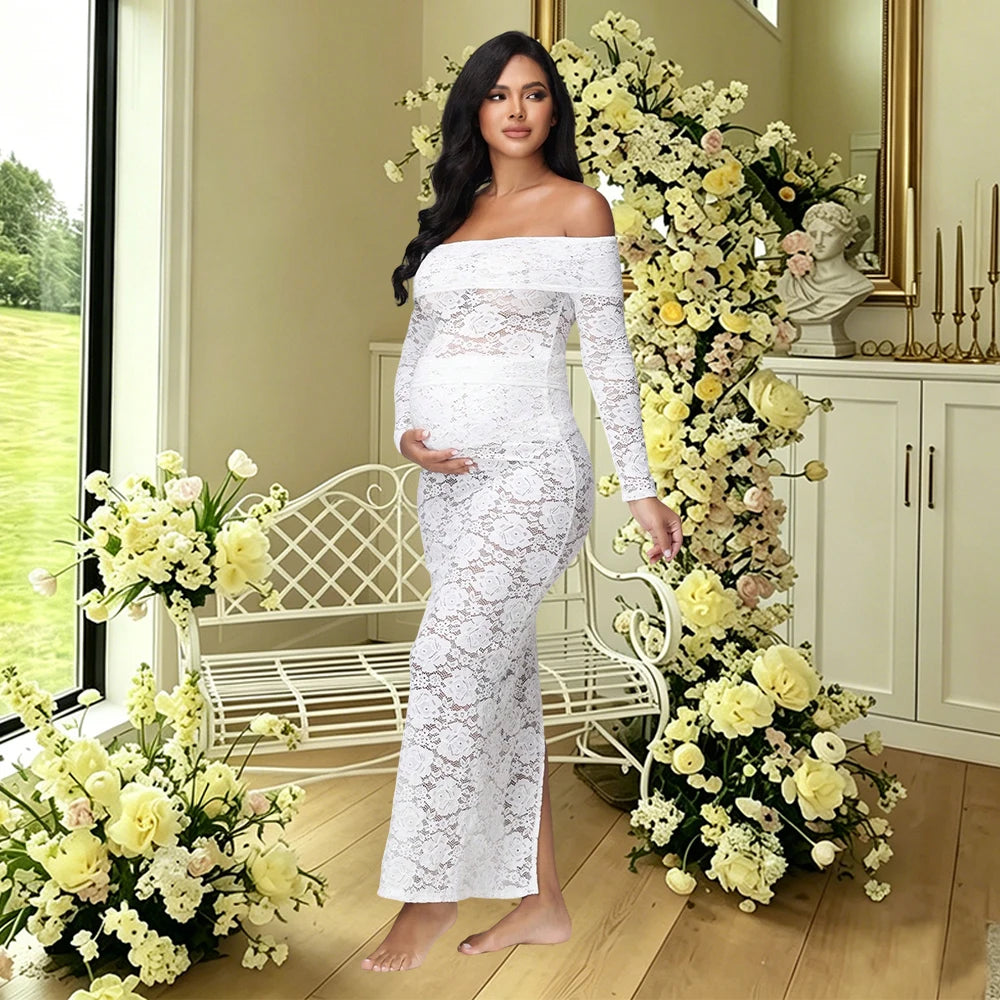 Maternity 2 Piece Outfits Dress Off Shoulder Long Sleeve See-Through Lace Top and Back Split Skirt for Baby Shower Photoshoot