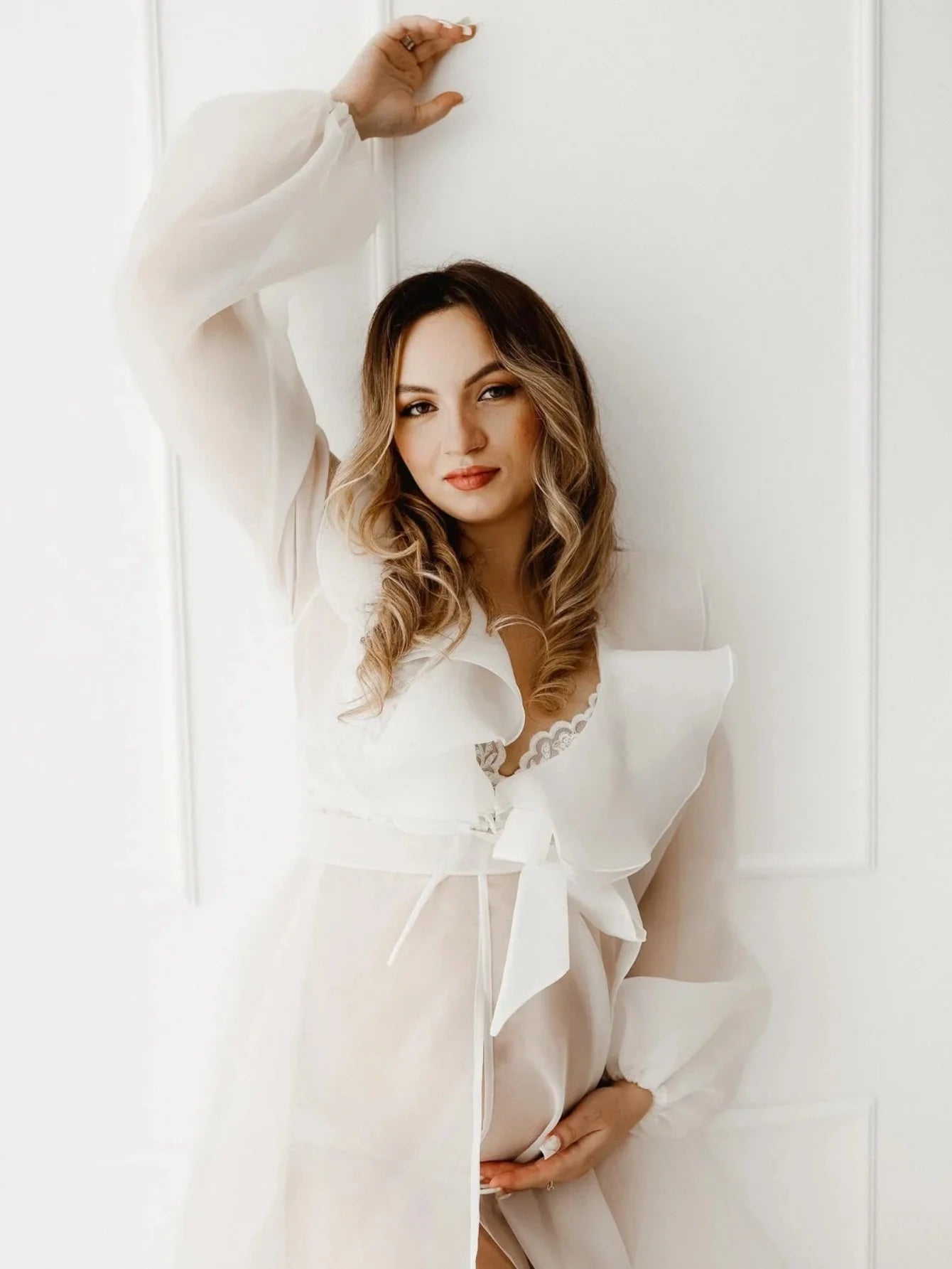 Maternity Photo Shoot Long Chiffon Dress Ruffle Neck Lantern Sleeve With Tie Cord Pregnancy Robe For Baby Shower
