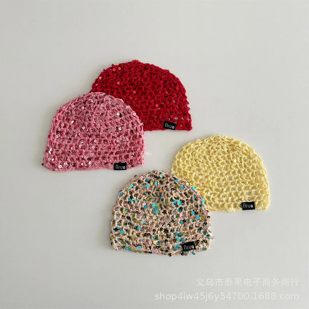 Early Autumn New Ethnic Style Sequin Hollow Knitted Pullover Hat for Girls Fashionable Stylish Fishnet Headwrap Hat