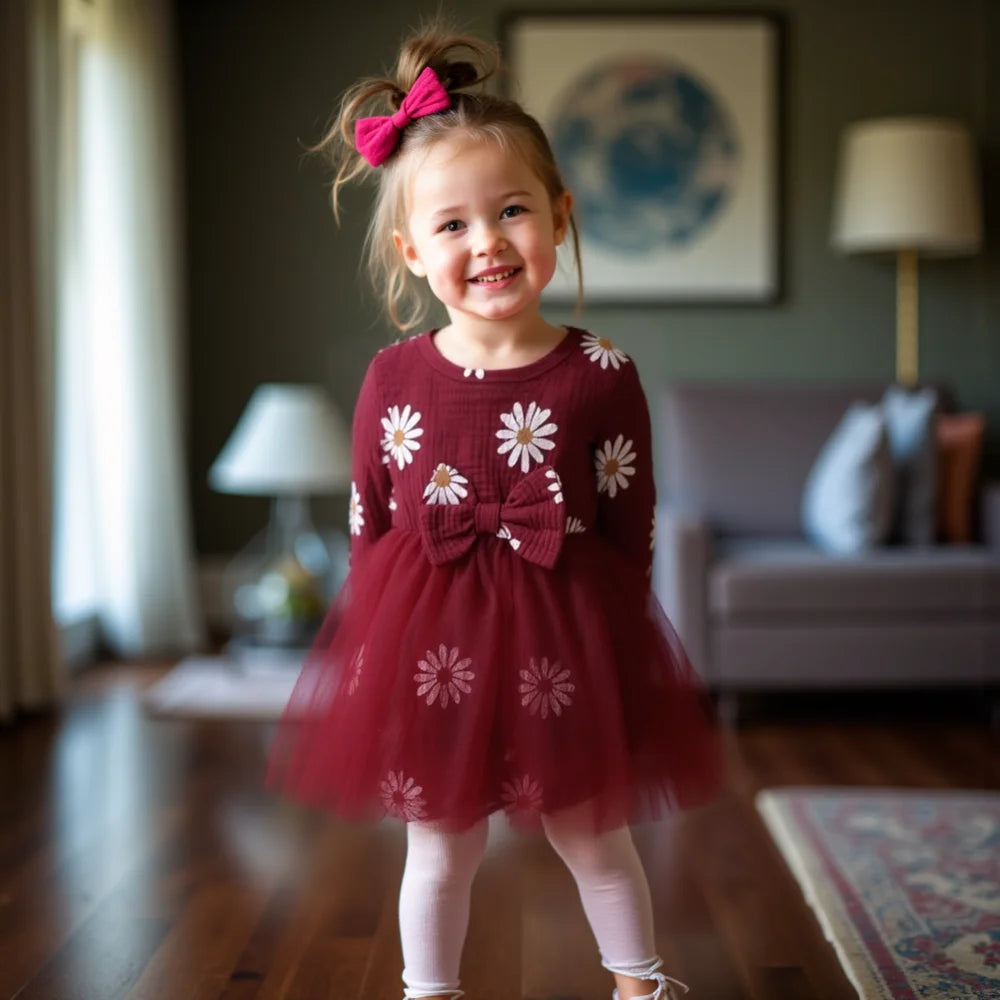 Baby girl Spring Autumn Princess Dress Daisy Print Chiffon Festival Party Dress and Headband for 0-18 Months Cute Baby girls