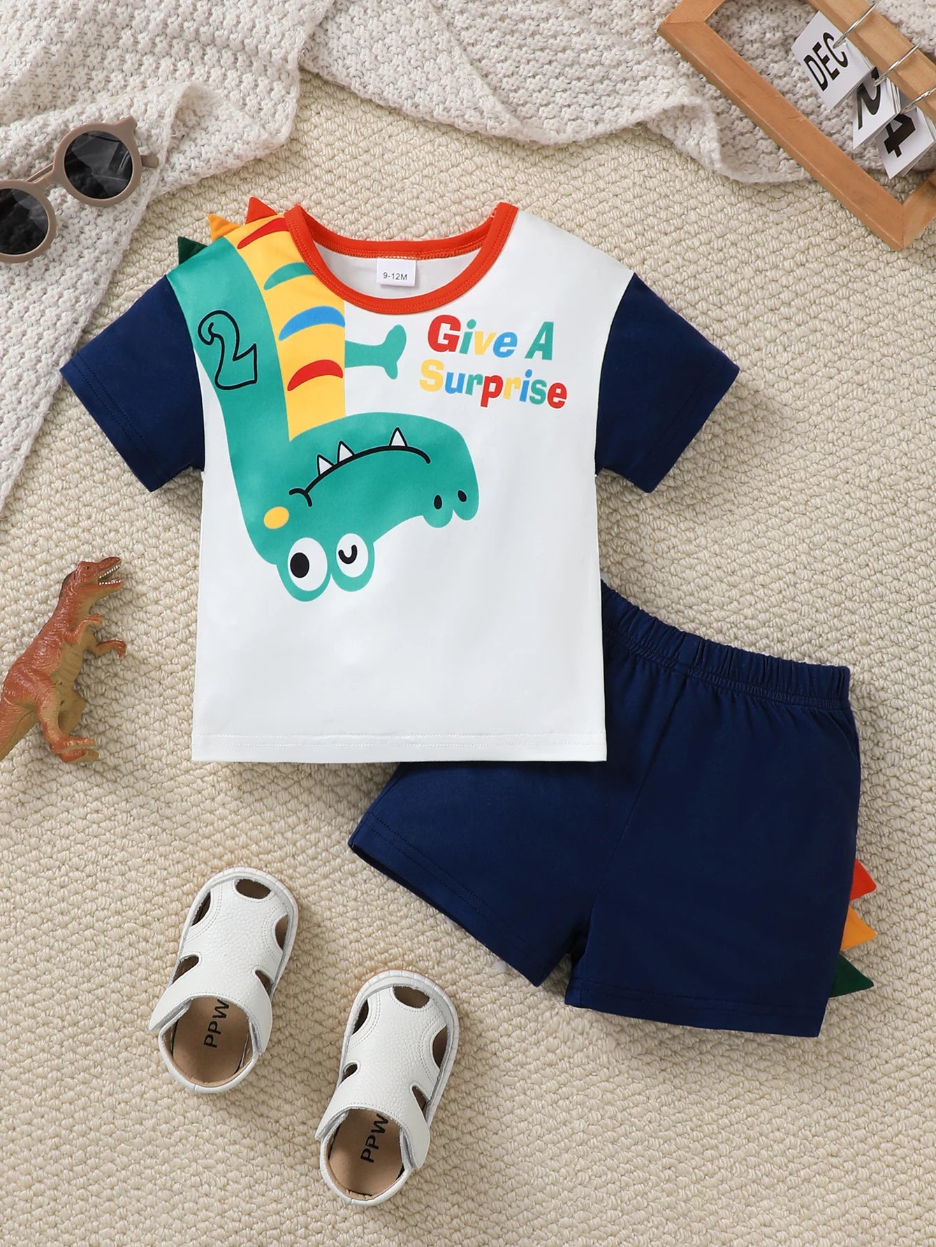2Pcs Boy baby Casual Set Cartoon Dinosaur short sleeved+navy blue shorts set for Handsome Boys 0-3 Years old Summer set