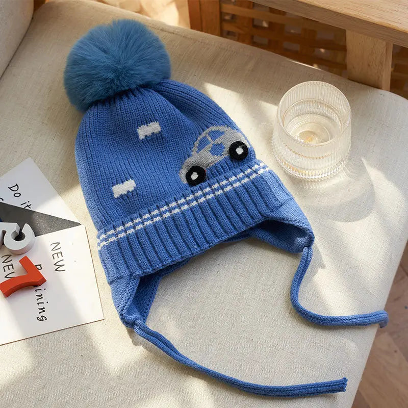 Winter Baby Boy Hat with Earflap Fur Ball Knitted Kids Beanie Caps Toddler Bonnet Hats Infant Accessories Fleece Lining 1-4Y