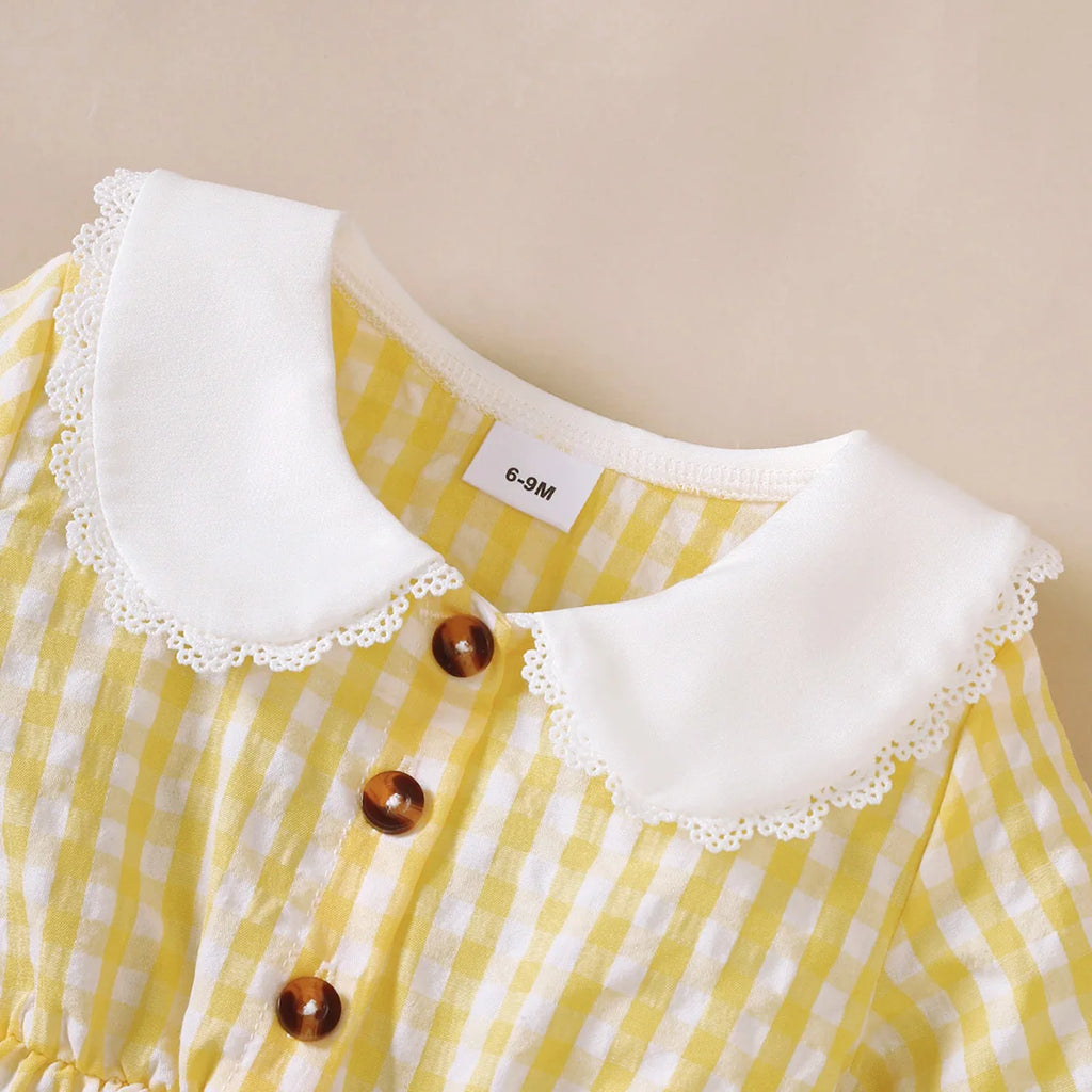 0-3 Year Cute Baby girl Dress Lace Border Doll Collar Yellow Checkered Dress for Toddlers Autumn Dress for Outdoor activities